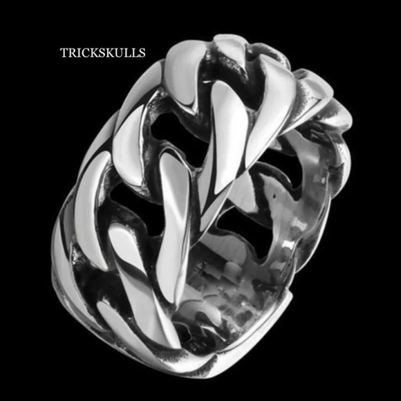 Stainless Silver Figaro Chain Ring Fixed Solid Link Band Modern Artisan Design - Picture 2 of 4